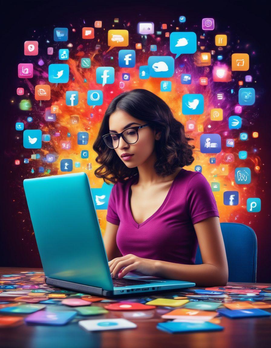 A vibrant representation of a modern blogger typing on a laptop, surrounded by colorful social media icons that metaphorically emerge from the screen. The background features a collage of popular blogging and social media platforms, illustrating their interconnectedness. The scene captures a sense of creativity and digital transformation, showcasing various devices like smartphones and tablets. Bright colors and dynamic composition enhance the lively atmosphere. psychedelic art style.
